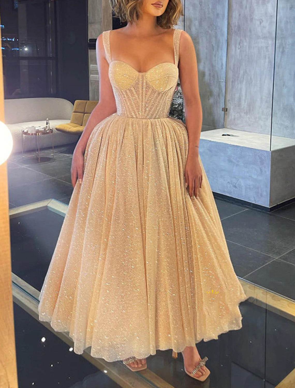 Ball Gown Prom Dresses Corsets Dress Wedding Party Dress Birthday Ankle Length Sleeveless Spaghetti Strap Tulle with Glitter Sequin