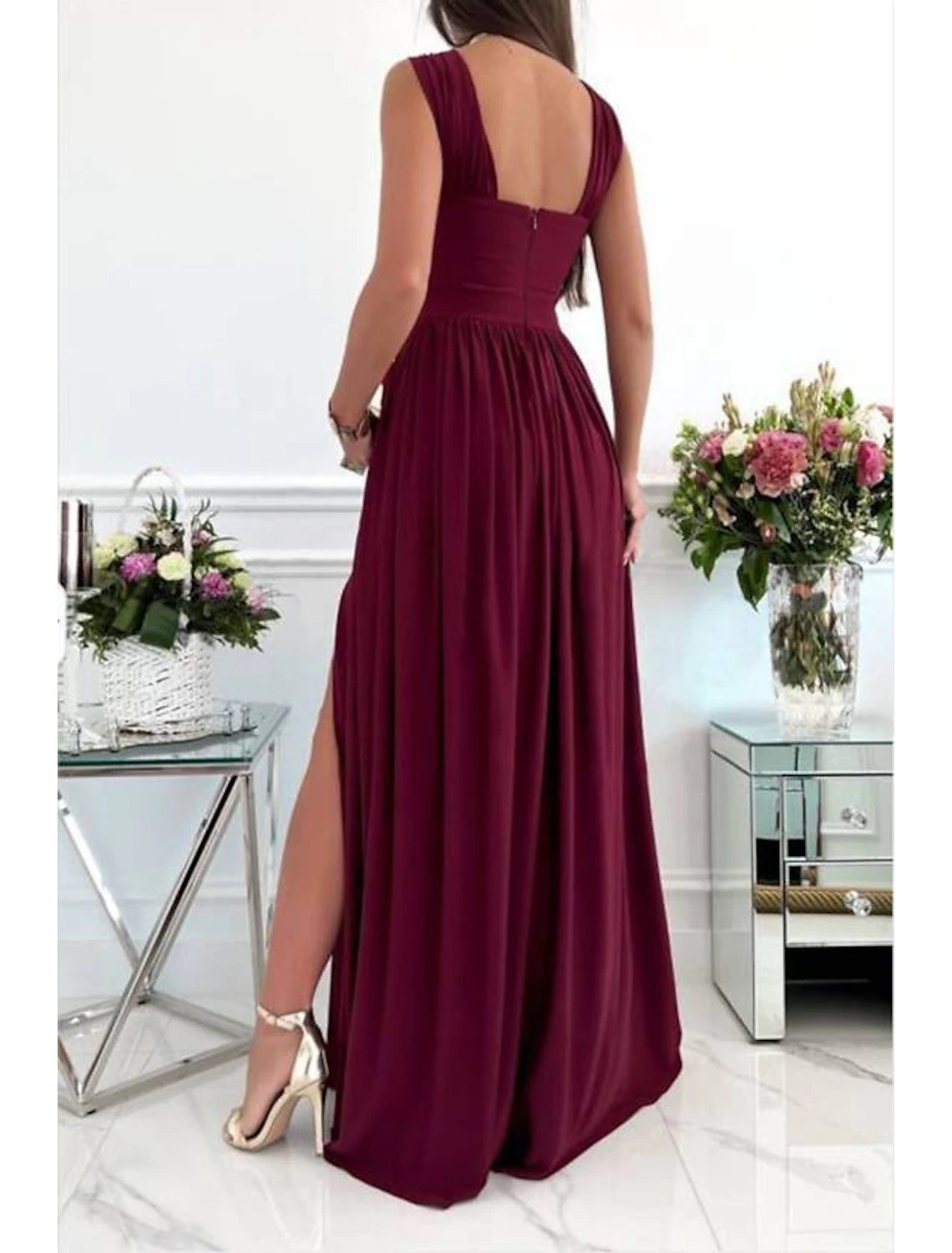 A-Line Prom Dresses Sexy Dress Formal Wedding Guest Floor Length Sleeveless Halter Neck Bridesmaid Dress Chiffon with Ruched Slit