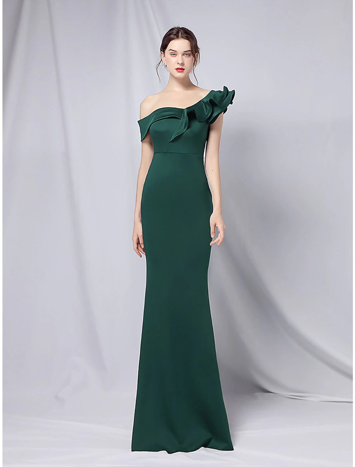 Mermaid / Trumpet Evening Gown Empire Dress Wedding Guest Formal Evening Floor Length Short Sleeve One Shoulder Stretch Satin with Ruffles