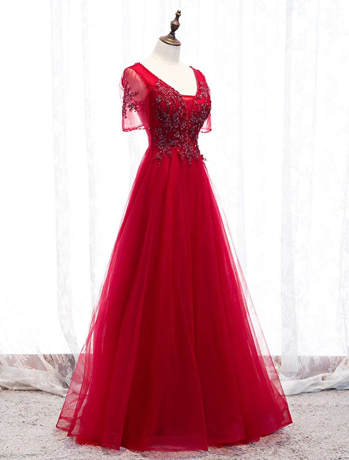 A-Line Prom Dresses Luxurious Dress Wedding Guest Formal Evening Floor Length Short Sleeve Spaghetti Strap Tulle with Beading Appliques