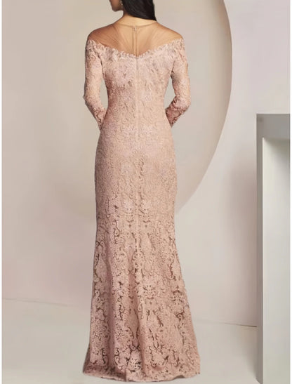 Sheath / Column Mother of the Bride Dress Wedding Guest Elegant Illusion Neck Floor Length Lace Long Sleeve with Solid Color