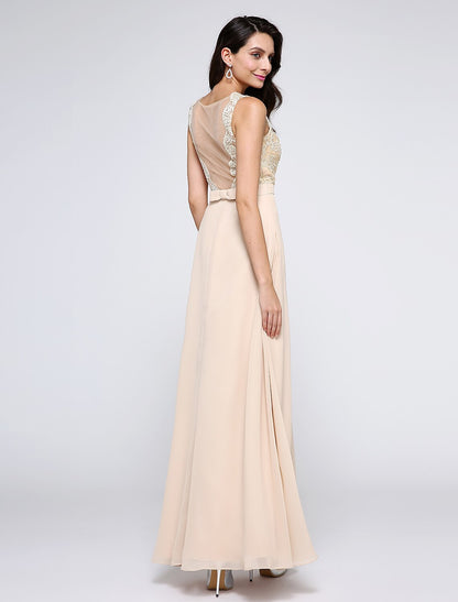 Sheath / Column Beautiful Back Dress Holiday Cocktail Party Ankle Length Sleeveless Jewel Neck Chiffon with Lace