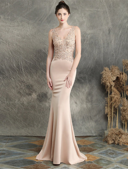 Mermaid / Trumpet Evening Gown Elegant Dress Formal Sweep / Brush Train Sleeveless V Neck Cotton Blend with Beading Appliques