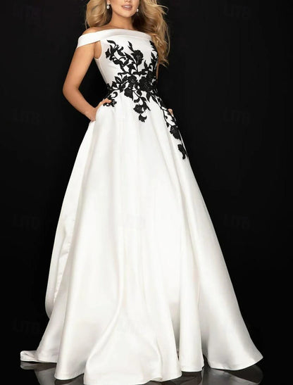 A-Line Prom Dresses Elegant Dress Formal Prom Floor Length Sleeveless Off Shoulder Pocket Satin with Appliques Pocket