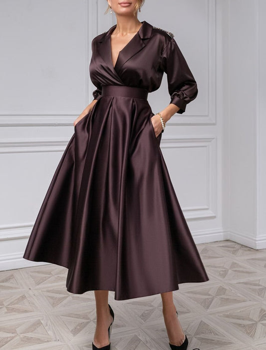 A-Line Cocktail Dresses Elegant Dress Wedding Guest Evening Party Tea Length 3/4 Length Sleeve Shirt Collar Satin with Pleat