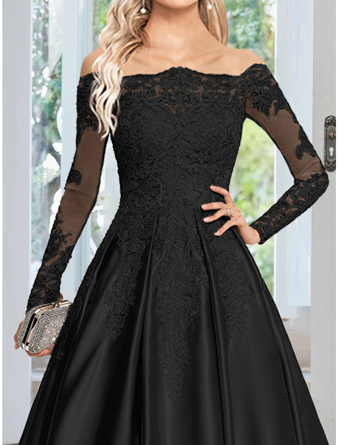 A-Line Evening Gown Elegant Dress Formal Wedding Guest Court Train Long Sleeve Off Shoulder Satin with Appliques