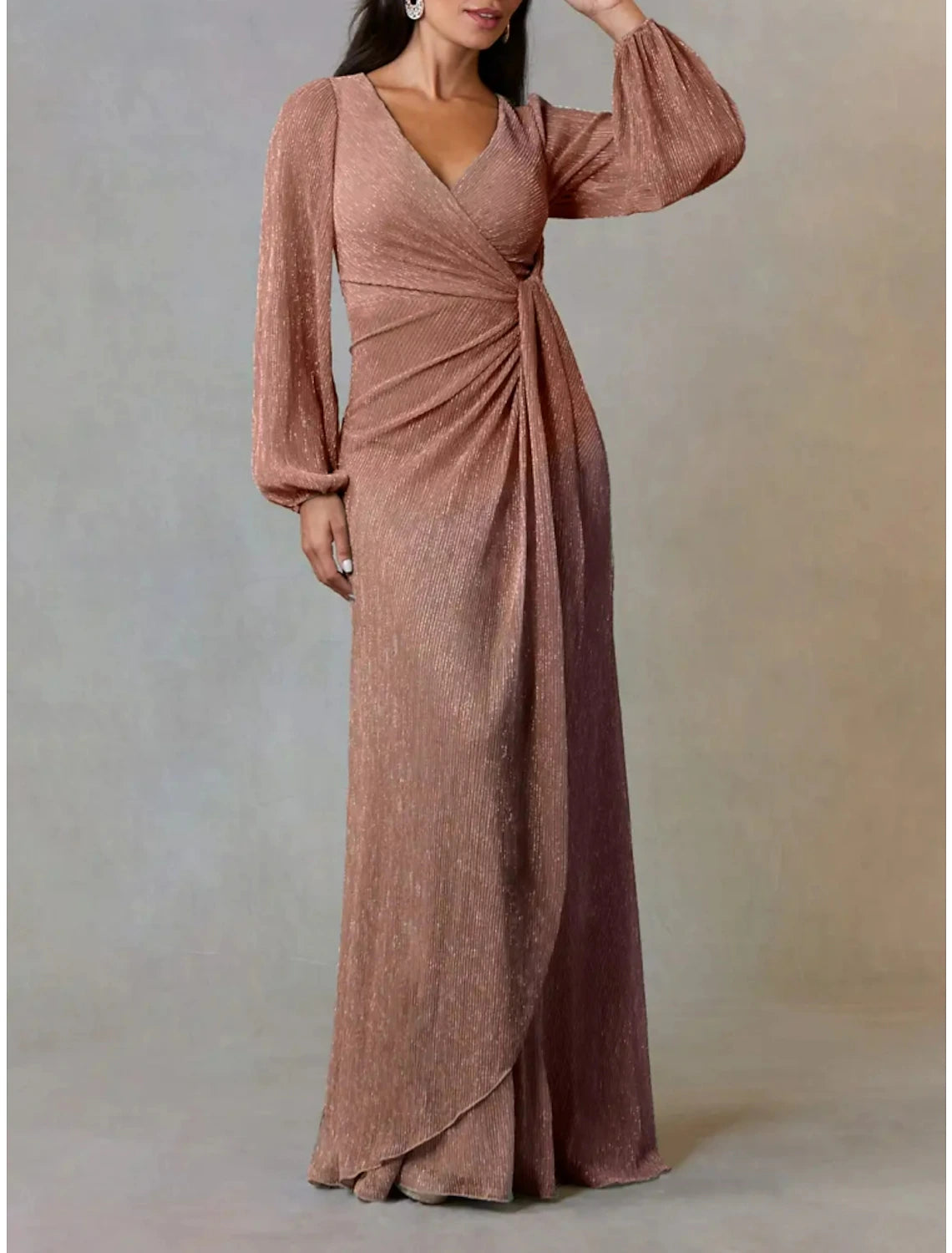 A-Line Mother of the Bride Dress Wedding Guest Simple Elegant V Neck Floor Length Chiffon Long Sleeve with Ruching Solid Color