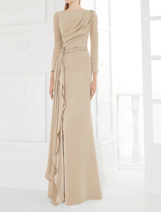 Sheath / Column Mother of the Bride Dress Elegant Jewel Neck Floor Length Chiffon Satin 3/4 Length Sleeve with Pleats Ruching