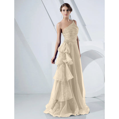 A-Line Elegant Dress Formal Evening Military Ball Floor Length Sleeveless One Shoulder Organza with Side Draping Cascading Ruffles