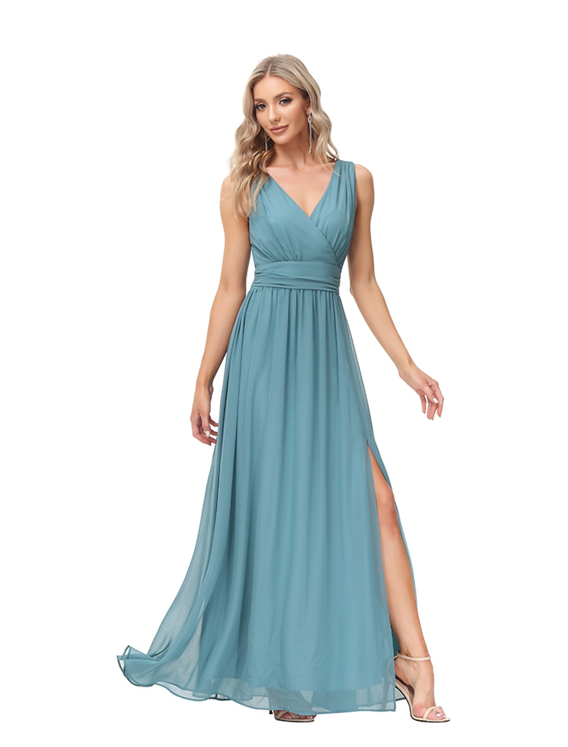 A-Line Evening Gown Empire Dress Party Wear Wedding Guest Floor Length Sleeveless V Neck Bridesmaid Dress Chiffon V Back with Slit