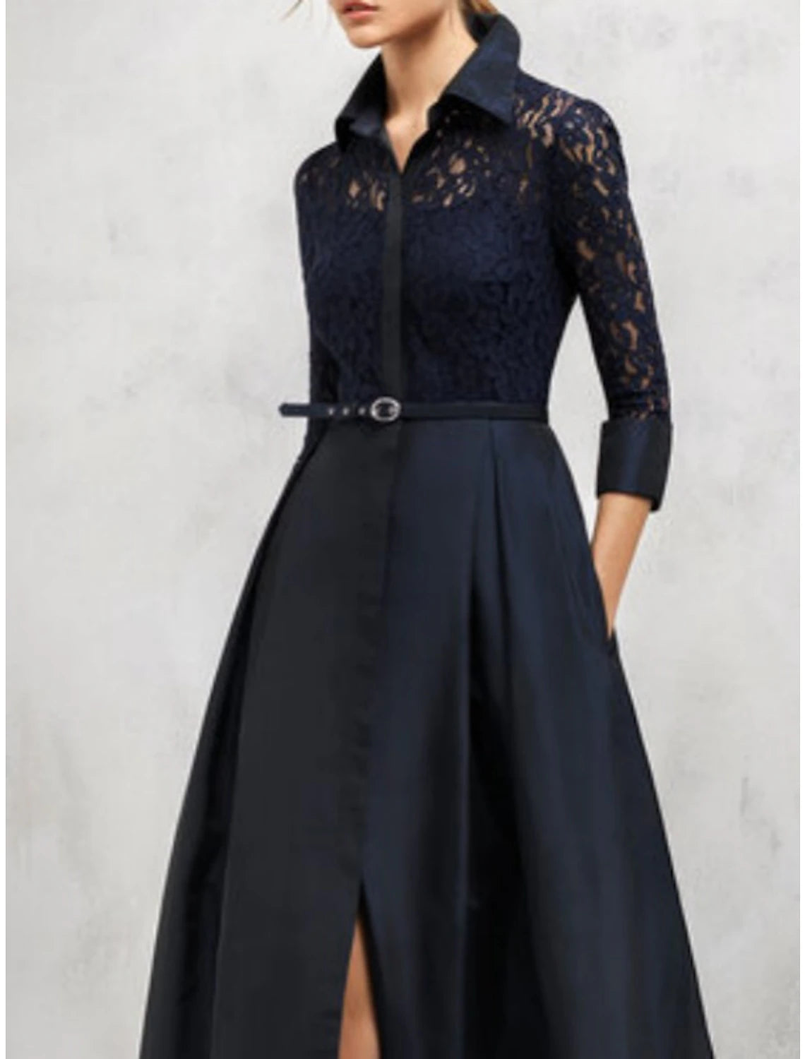 A-Line Mother of the Bride Dress Wedding Guest Vintage Elegant Shirt Collar Floor Length Satin Lace 3/4 Length Sleeve with Sash / Ribbon Split Front Fall