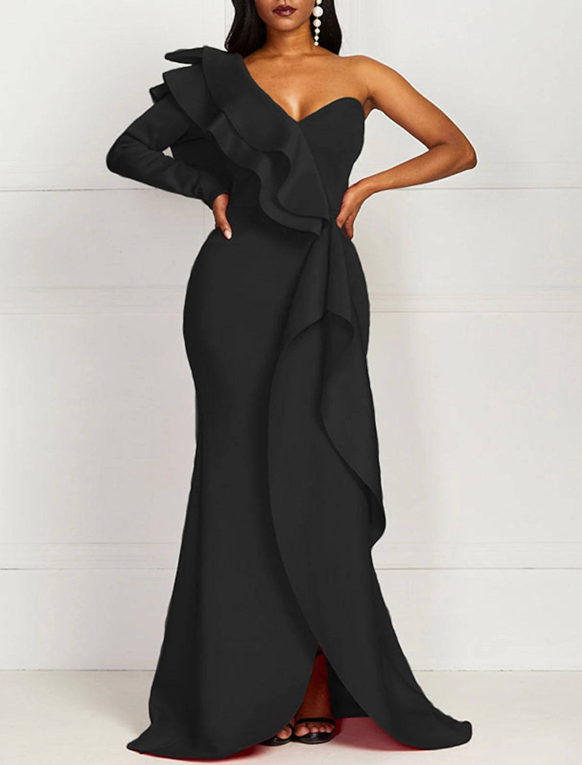Mermaid Black Dress Plus Size Evening Gown Minimalist Dress Formal Evening Floor Length Long Sleeve One Shoulder Fall Wedding Guest Stretch Fabric with Ruffles Pure Color