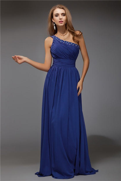 Fantastic Sheath/Column One-Shoulder Sleeveless Beading Long Chiffon Dresses