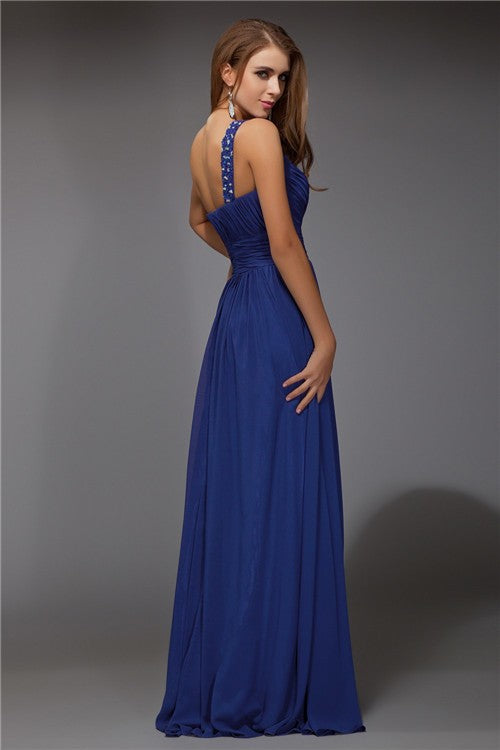 Fantastic Sheath/Column One-Shoulder Sleeveless Beading Long Chiffon Dresses