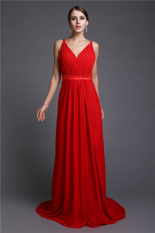 A-Line/Princess V-neck Sleeveless Long Ruffles Chiffon Bridesmaid Dresses