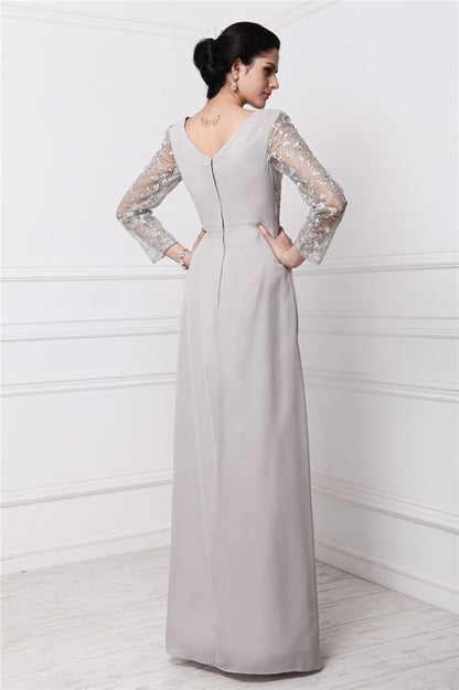 Sheath/Column V-neck Long Sleeves Lace Long Chiffon Dresses