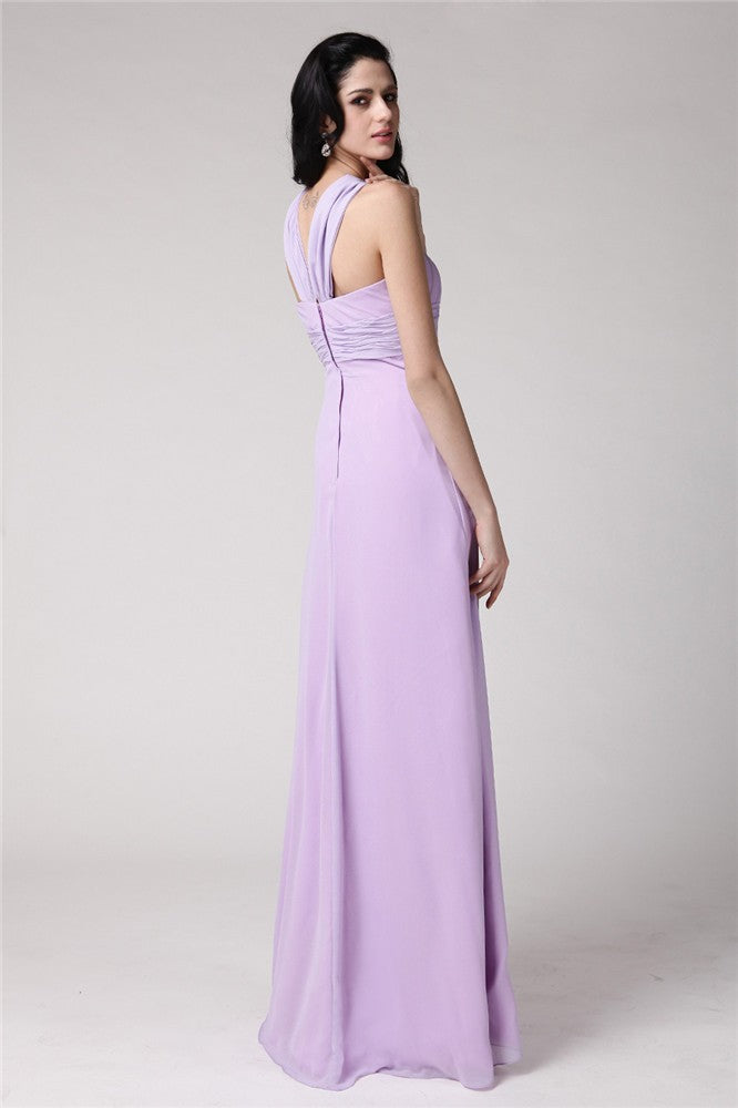 Sheath/Column High Neck Sleeveless Pleats Long Chiffon Bridesmaid Dresses