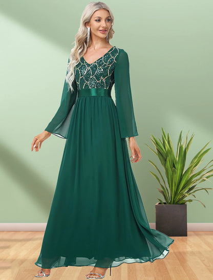 A-Line Evening Gown Elegant Dress Party Wear Floor Length Long Sleeve V Neck Chiffon with Sequin