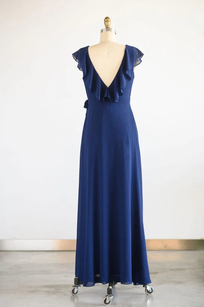 Navy Blue Chiffon Wrap V Back Wedding Bridesmaid Dress Evening Dress