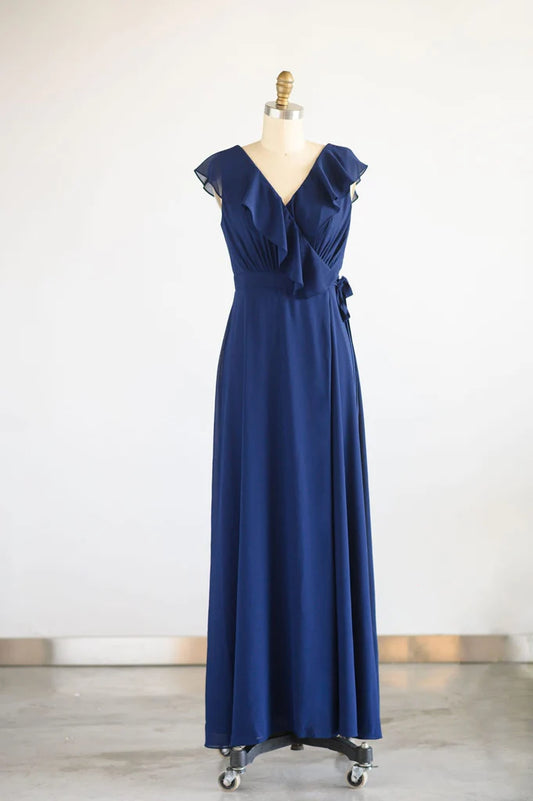 Navy Blue Chiffon Wrap V Back Wedding Bridesmaid Dress Evening Dress