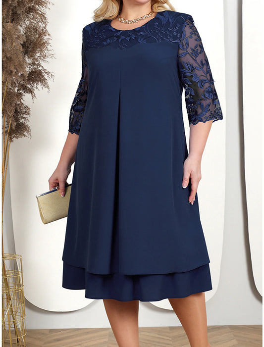 Women's Plus Size Curve Party Dress Lace Dress Cocktail Dress Midi Dress Pink Dark Blue Light Blue 3/4 Length Sleeve Floral Lace Spring Fall Winter Crew Neck Fashion Birthday Wedding Guest