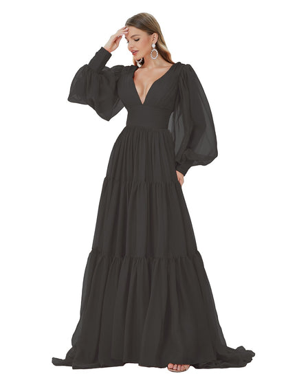 A-Line Evening Gown Sexy Dress Party Wear Sweep / Brush Train Long Sleeve V Neck Chiffon with Ruched