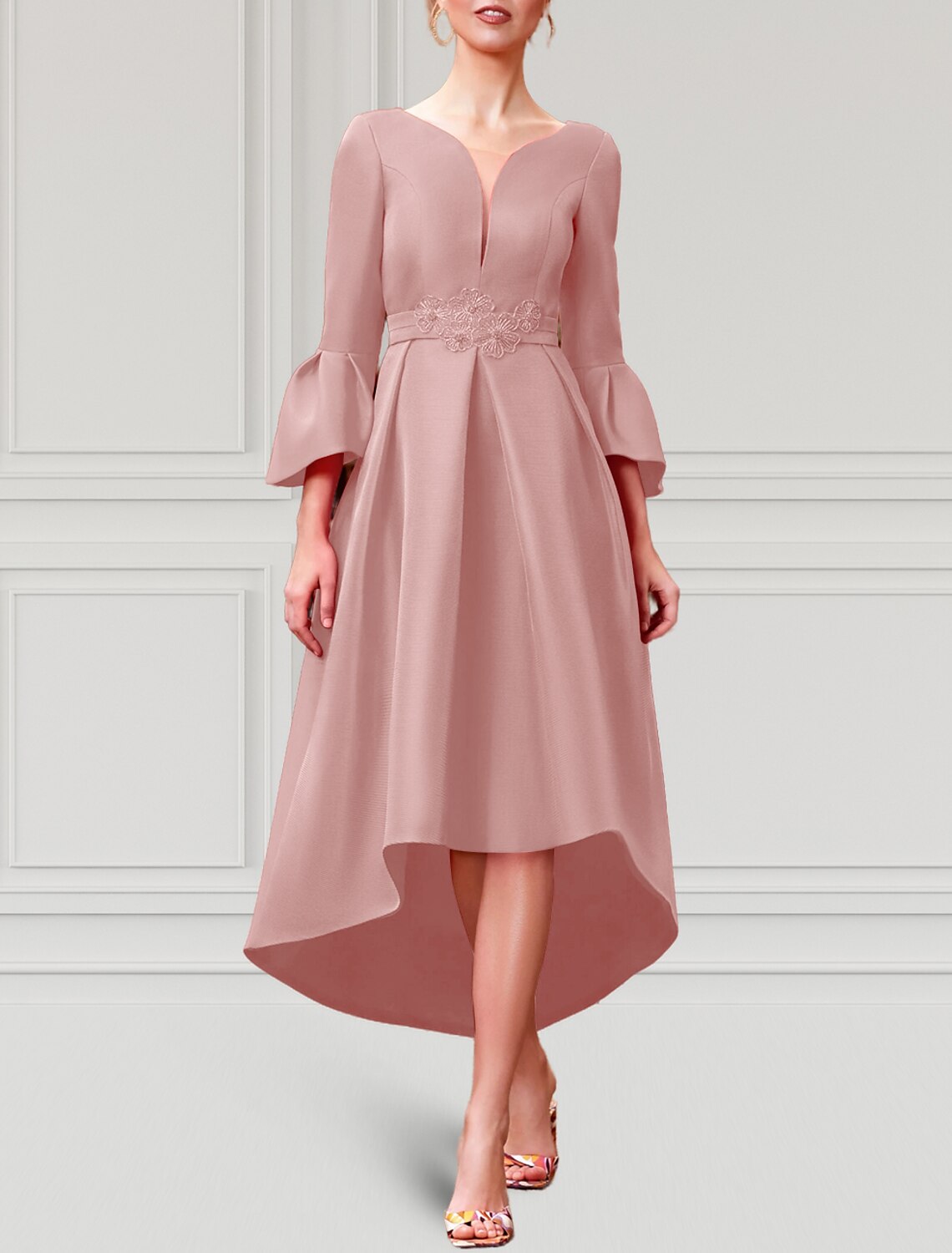 A-Line Cocktail Dresses Elegant Dress Formal Wedding Guest Asymmetrical 3/4 Length Sleeve V Neck Satin with Pleats