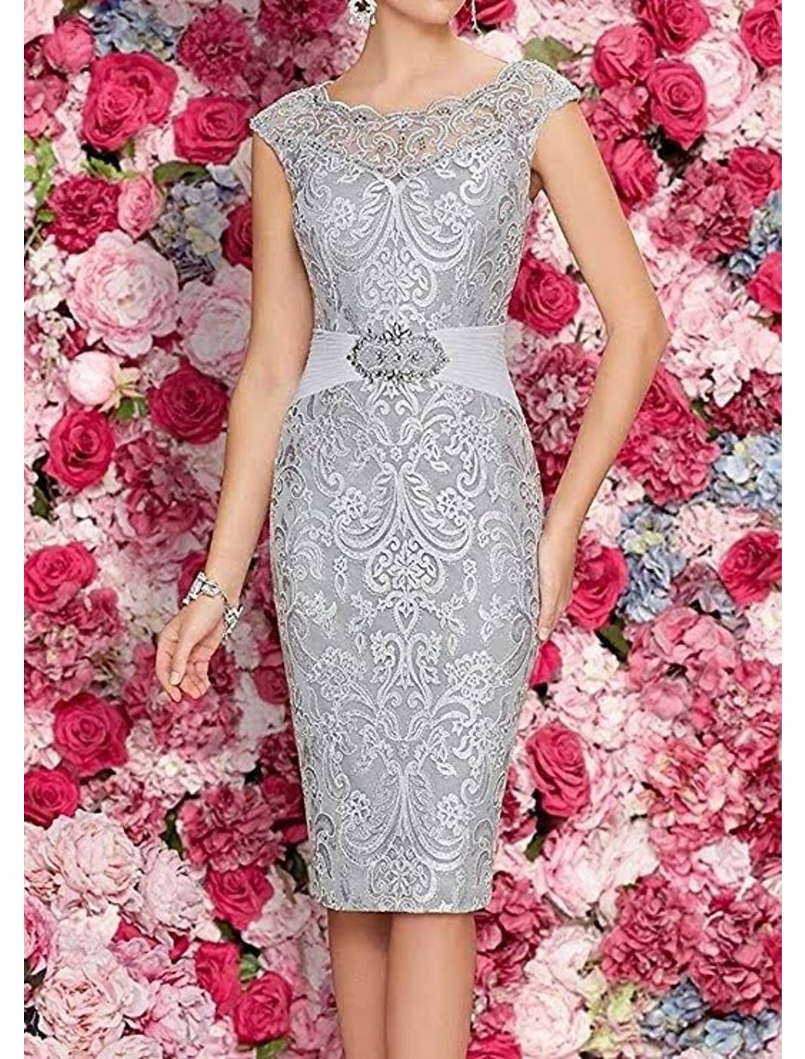 Two Piece Sheath / Column Mother of the Bride Dress Formal Wedding Guest Elegant Scoop Neck Knee Length Chiffon Lace Sleeveless Jacket Dresses with Beading Appliques