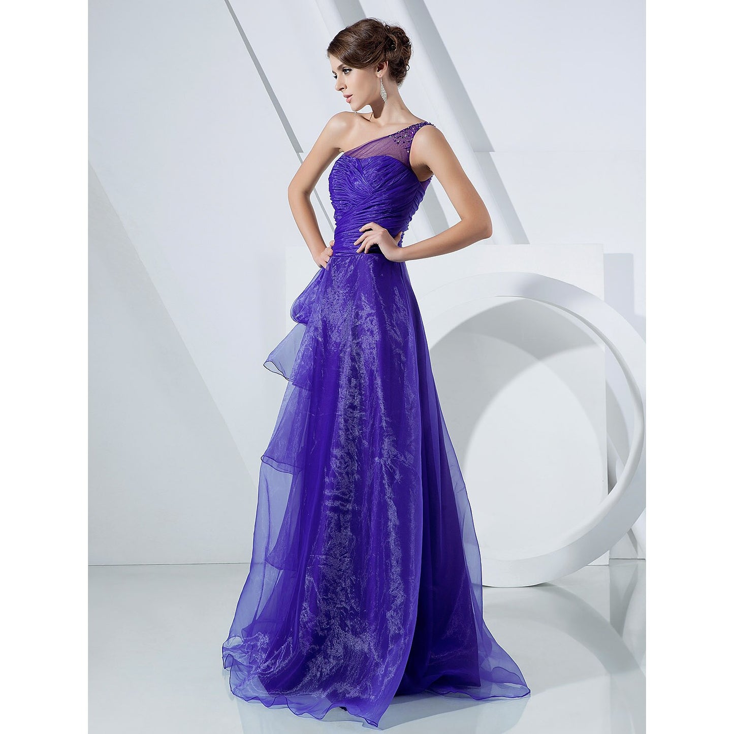 A-Line Elegant Dress Formal Evening Military Ball Floor Length Sleeveless One Shoulder Organza with Side Draping Cascading Ruffles