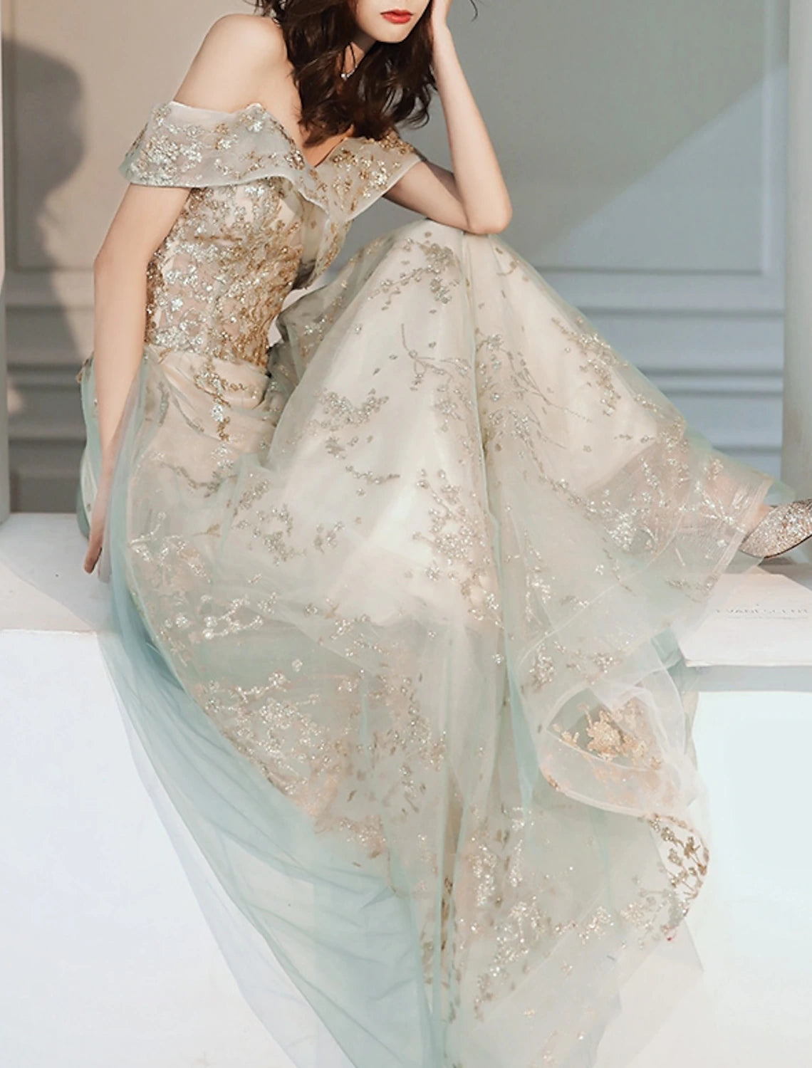 A-Line Glittering Elegant Engagement Formal Evening Dress Off Shoulder Short Sleeve Floor Length Tulle with Sequin