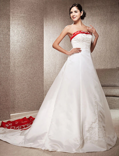 Open Back Wedding Dresses Sweep / Brush Train Ball Gown Strapless Strapless Satin With Embroidery Appliques Summer Bridal Gowns