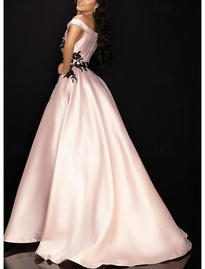 A-Line Prom Dresses Elegant Dress Formal Prom Floor Length Sleeveless Off Shoulder Pocket Satin with Appliques Pocket