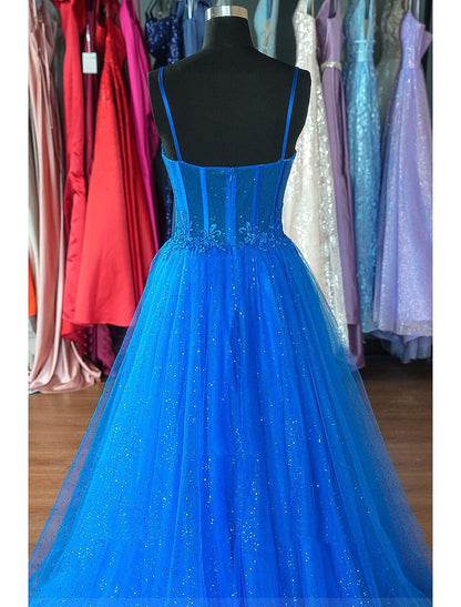 A-Line Prom Dresses Glittering Dress Formal Wedding Party Floor Length Sleeveless Spaghetti Strap Tulle Backless with Pleats Appliques