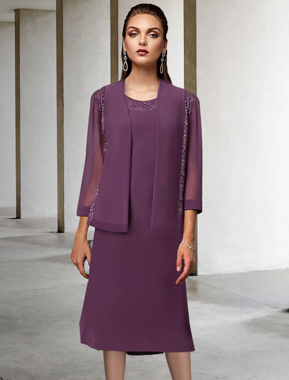 Two Piece A-Line Mother of the Bride Dress Elegant Jewel Neck Tea Leng ...