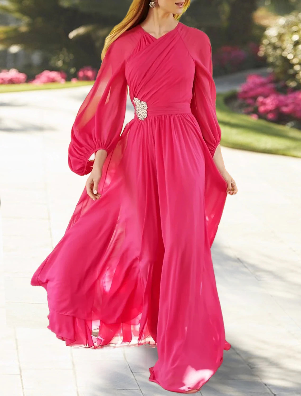 A-Line Wedding Guest Dresses Elegant Dress Holiday Cocktail Party Floor Length Long Sleeve V Neck Chiffon with Ruched