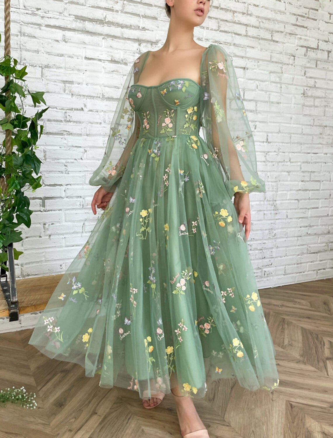 A-Line Prom Dresses Floral Dress Wedding Guest Prom Ankle Length Long Sleeve Square Neck Lace with Appliques