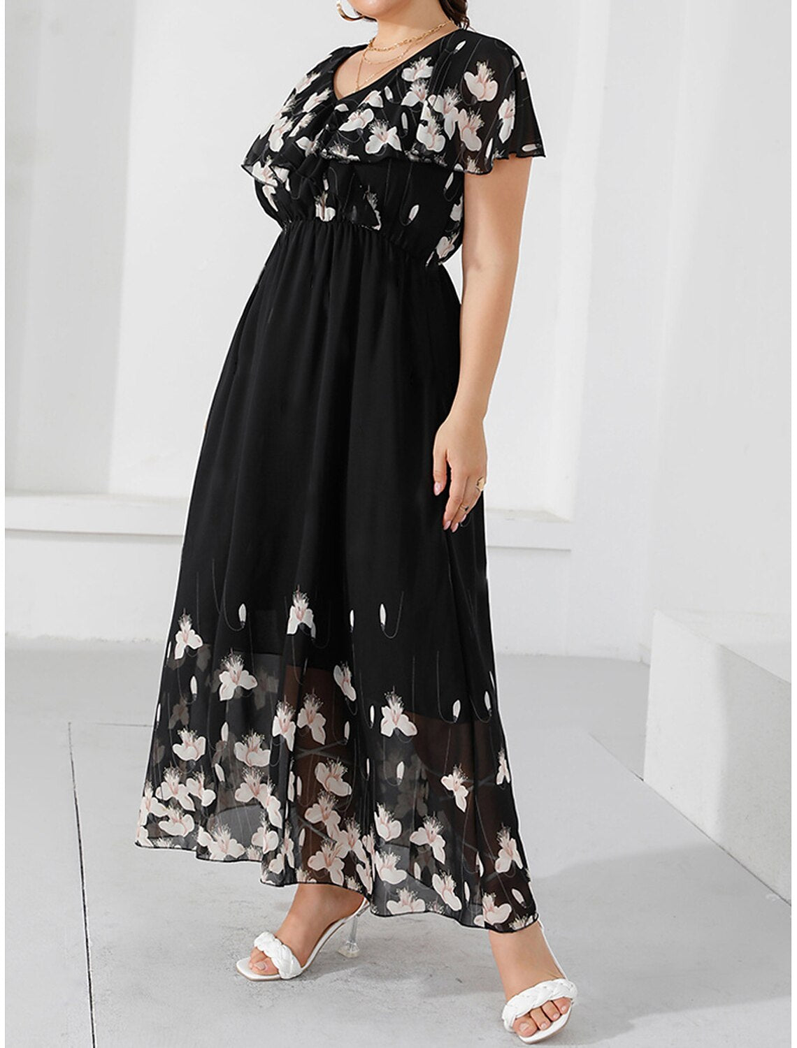 Women's Plus Size Prom Dress Party Dress Wedding Guest Dress Long Dress Maxi Dress Black Short Sleeve Floral Print Summer Spring Fall V Neck Elegant Wedding Guest Birthday Evening Party