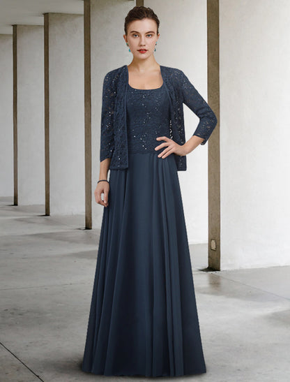 Two Piece A-Line Mother of the Bride Dress Elegant Jewel Neck Floor Length Chiffon Lace Half Sleeve with Pleats