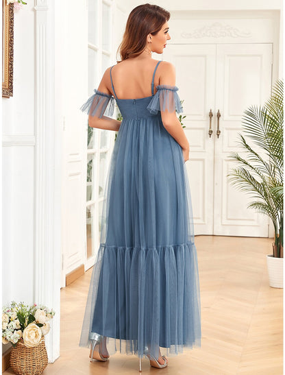 A-Line Evening Gown Maternity Dress Party Wear Floor Length Sleeveless Spaghetti Strap Tulle with Ruched