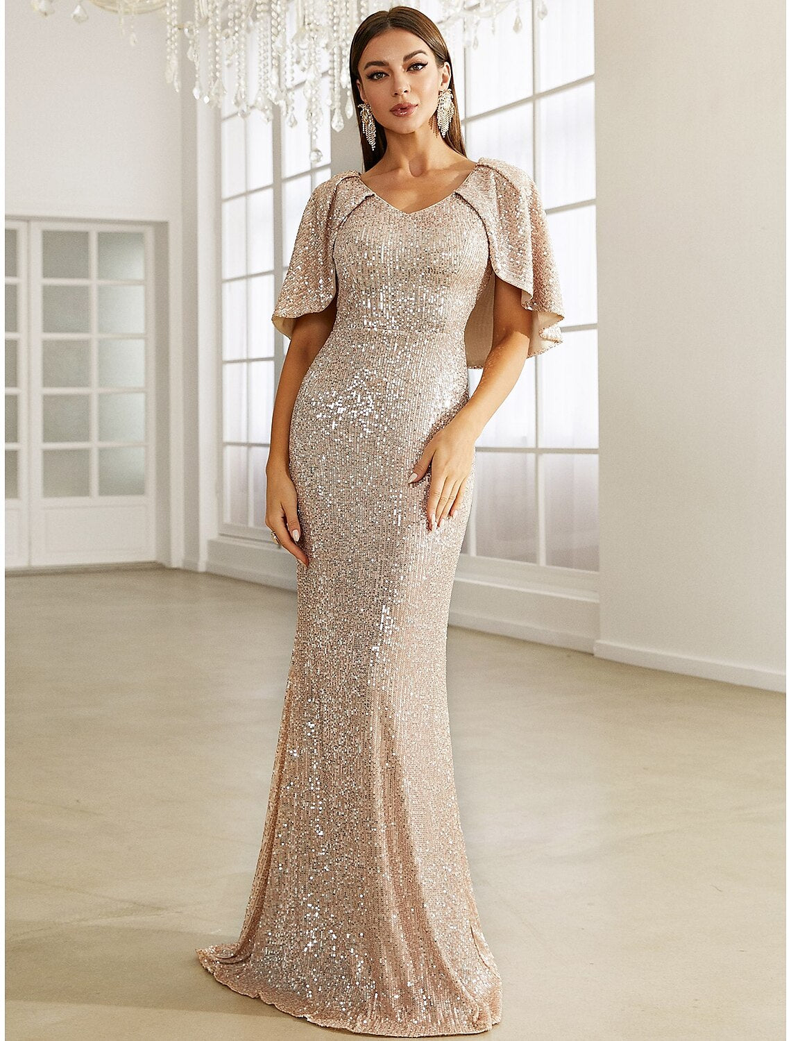 Mermaid / Trumpet Evening Gown Sparkle & Shine Dress Formal Fall Sweep / Brush Train Half Sleeve V Neck Sequined with Glitter