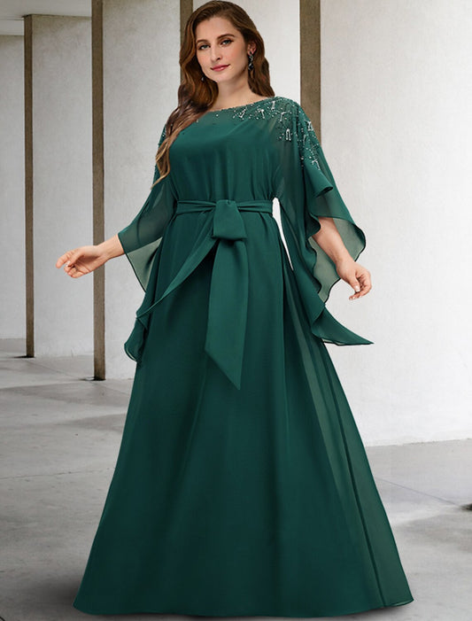 A-Line Mother of the Bride Dresses Plus Size Hide Belly Curve Elegant Dress Formal Floor Length Half Sleeve Jewel Neck Chiffon with Beading Strappy