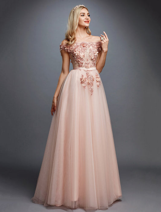 A-Line Floral Dress Wedding Guest Prom Sweep / Brush Train Sleeveless Off Shoulder Tulle Over Lace with Appliques