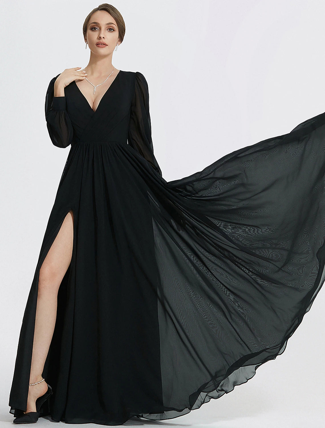 A-Line Evening Gown Elegant Dress Formal Floor Length Long Sleeve V Ne