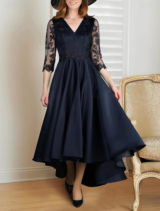 A-Line Mother of the Bride Dress Formal Wedding Guest Elegant Scoop Neck V Neck Asymmetrical Lace Italy Satin 3/4 Length Sleeve with Lace Pleats Embroidery