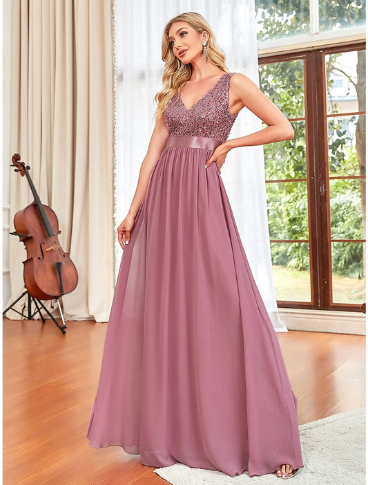 A-Line Prom Dresses Sparkle & Shine Dress Wedding Guest Prom Floor Length Sleeveless V Neck Chiffon V Back with Draping Pure Color