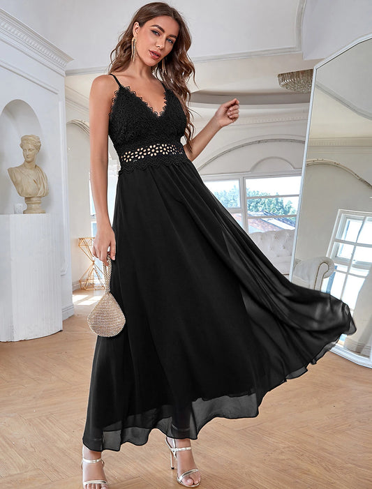 A-Line Elegant Vintage Party Wear Formal Evening Dress V Neck Sleeveless Ankle Length Chiffon with Sequin Pure Color Splicing