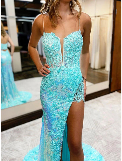 Mermaid / Trumpet Prom Dresses High Split Dress Formal Wedding Party Court Train Sleeveless V Neck Sequined with Slit Appliques