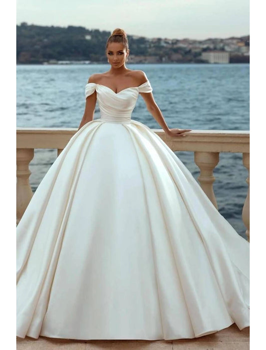 Engagement Formal Wedding Dresses Ball Gown Off Shoulder Cap Sleeve Court Train Satin Church Bridal Gowns With Ruched Solid Color Summer Fall Wedding Partyr Summer Fall Wedding Party