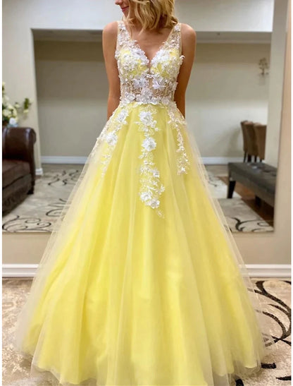 A-Line Prom Dresses Vintage Dress Formal Wedding Party Floor Length Sleeveless V Neck Tulle V Back with Beading Appliques
