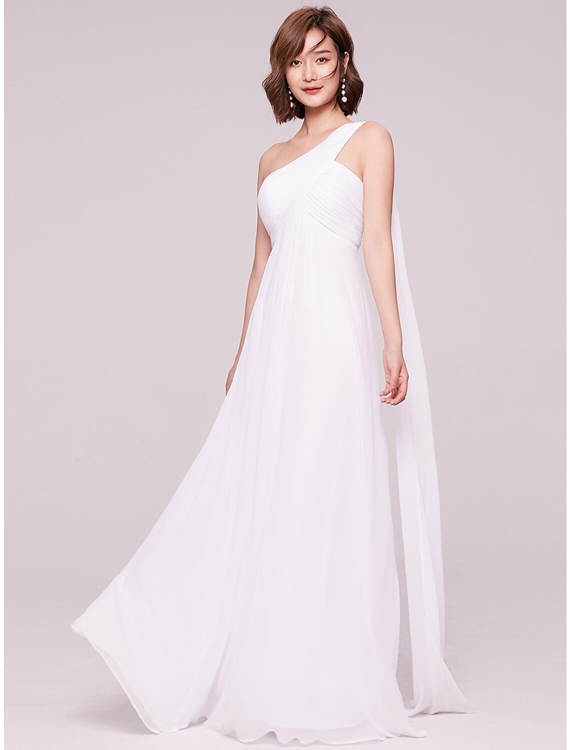 A-Line Evening Gown Empire Dress Formal Evening Floor Length Sleeveless One Shoulder Bridesmaid Dress Chiffon Backless with Pleats Draping